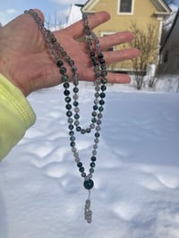 Image 9 of Golden Ratio Mala Necklace Moss Agate Rainbow Labradorite Seraphinite 108 Bead Hand Knotted