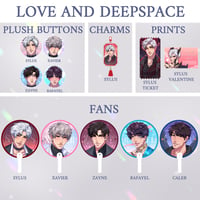 Image 1 of Love and Deepspace (Plush Buttons, Charms, Prints, and Fans)