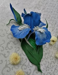 Image 1 of Brooch-flower from genuine leather Iris sky-blue