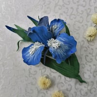 Image 2 of Brooch-flower from genuine leather Iris sky-blue