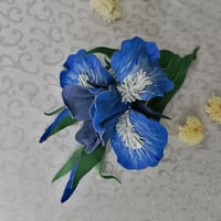 Image 3 of Brooch-flower from genuine leather Iris sky-blue