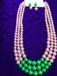Three String Pink &Green Pearl Necklace Set
