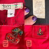 Image 2 of  Womens Vintage Wide Leg Capri Pants Red Mid Rise Retro Rockabilly Rhinestone cherry patch  back poc