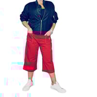 Image 4 of  Womens Vintage Wide Leg Capri Pants Red Mid Rise Retro Rockabilly Rhinestone cherry patch  back poc