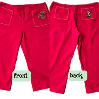 Image 6 of  Womens Vintage Wide Leg Capri Pants Red Mid Rise Retro Rockabilly Rhinestone cherry patch  back poc