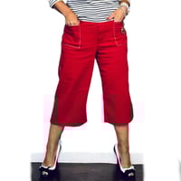 Image 5 of  Womens Vintage Wide Leg Capri Pants Red Mid Rise Retro Rockabilly Rhinestone cherry patch  back poc