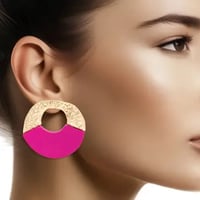 Image 1 of Studs Medium Gold Fuchsia Wood Circle Earrings