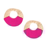 Image 2 of Studs Medium Gold Fuchsia Wood Circle Earrings
