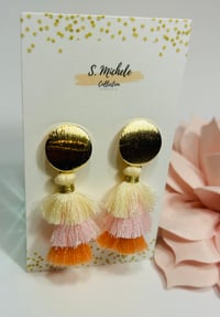 Image 2 of Mini Tiered Tassel Dangle Drop Earrings (Pink & Orange)