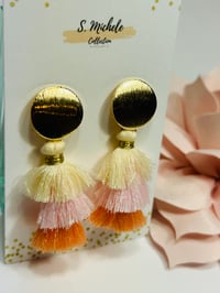 Image 4 of Mini Tiered Tassel Dangle Drop Earrings (Pink & Orange)