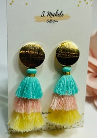 Image 2 of Mini Tiered Tassel Dangle Drop Earrings (Turquoise, Pink, Yellow)