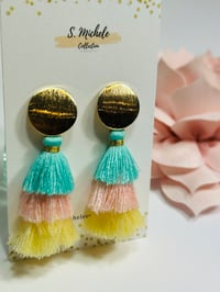Image 3 of Mini Tiered Tassel Dangle Drop Earrings (Turquoise, Pink, Yellow)