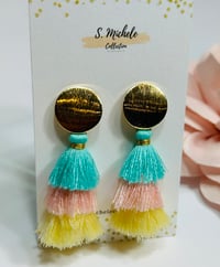 Image 1 of Mini Tiered Tassel Dangle Drop Earrings (Turquoise, Pink, Yellow)