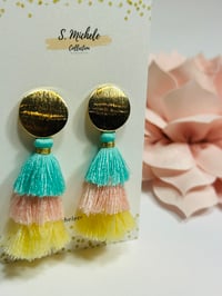 Image 4 of Mini Tiered Tassel Dangle Drop Earrings (Turquoise, Pink, Yellow)