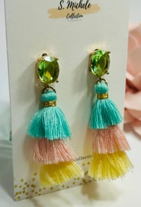 Image 2 of Mini Tiered Tassel (Green Oval Gem Post) Earrings