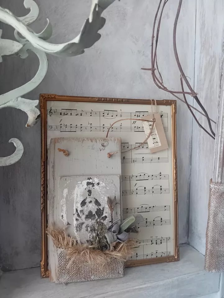 Image of Rustic Country Sacking Dried Herb /Flower Pocket Grey Painted Timber Wall Plaque