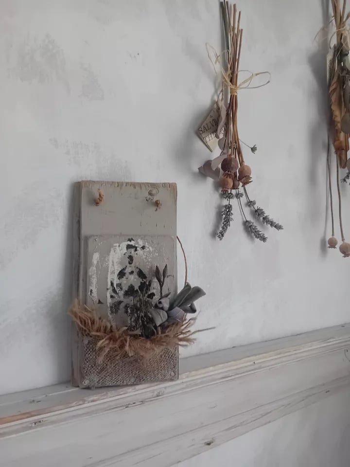 Image of Rustic Country Sacking Dried Herb /Flower Pocket Grey Painted Timber Wall Plaque