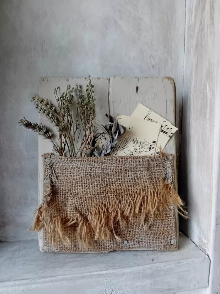 Image of Rustic Painted Timber Panel Faded Floral Hessian Dried Herb Pocket Double Sided