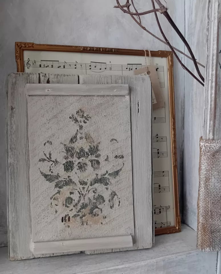 Image of Rustic Painted Timber Panel Faded Floral Hessian Dried Herb Pocket Double Sided