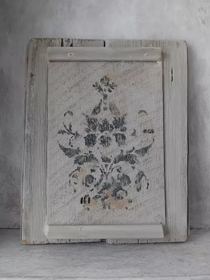 Image of Rustic Painted Timber Panel Faded Floral Hessian Dried Herb Pocket Double Sided