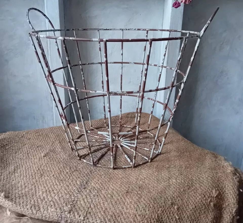 Image of French Vintage Wire Harvesting Basket Pale Grey Rusty Country Farmhouse Style