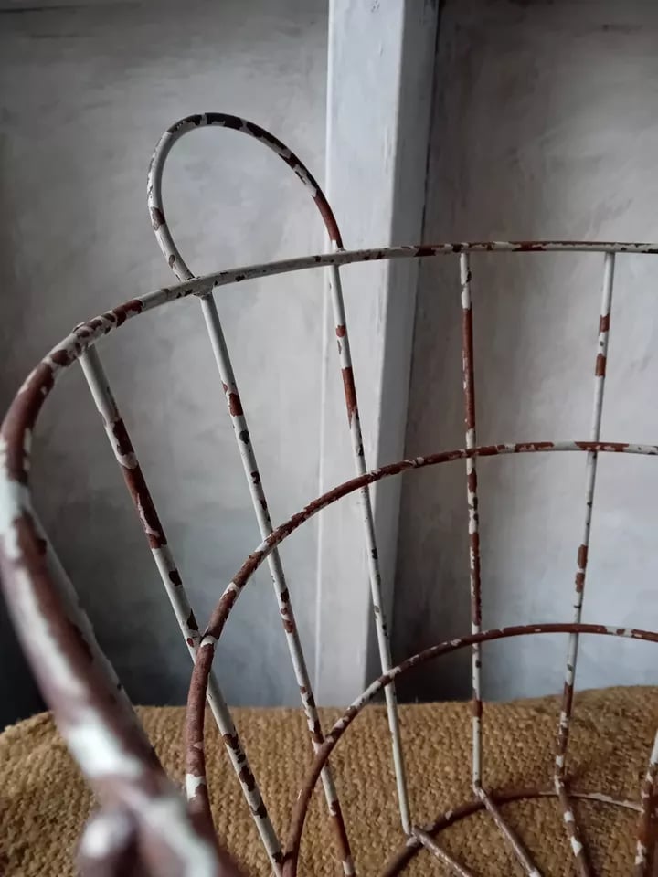 Image of French Vintage Wire Harvesting Basket Pale Grey Rusty Country Farmhouse Style