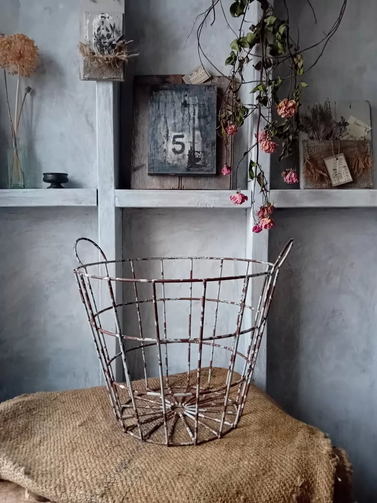 Image of French Vintage Wire Harvesting Basket Pale Grey Rusty Country Farmhouse Style