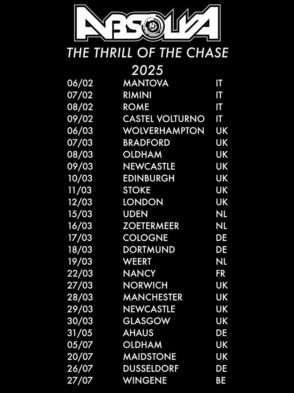 Absolva 'The Thrill of The Chase' Tour t-shirt 2025 (pre-order)