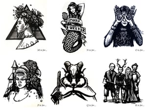 Folk Horror Alphabet linocut prints