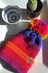 Image 1 of Rainbow Striped Knit Hat with Pom Pom 