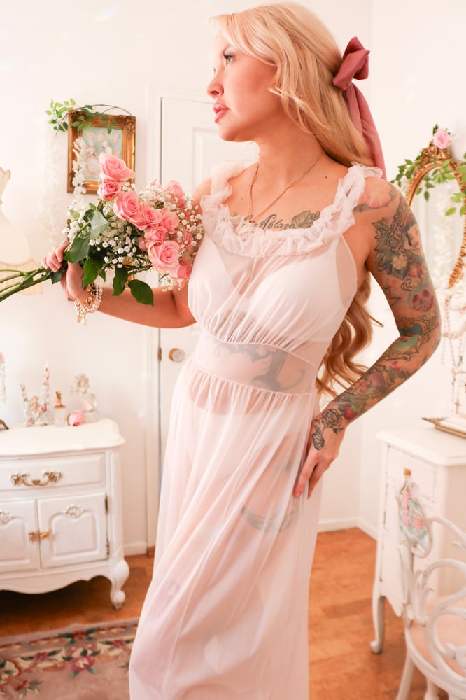 Image of Vintage 1960s Henson Baby Pink See through Nightgown With Ruffle Details (32 - Small)