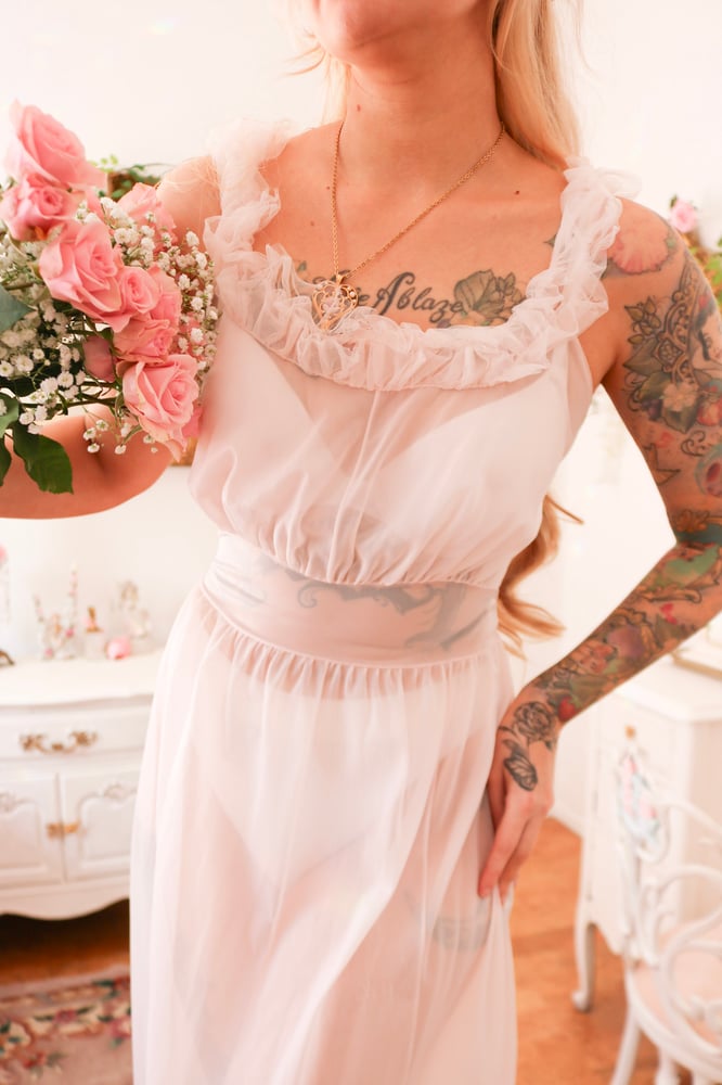 Image of Vintage 1960s Henson Baby Pink See through Nightgown With Ruffle Details (32 - Small)