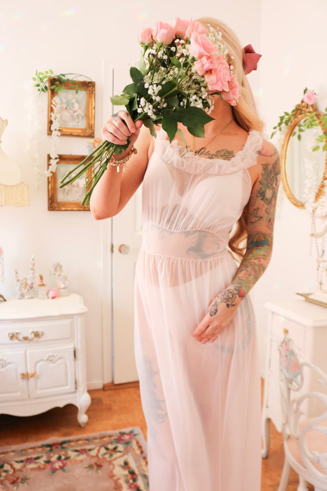 Image of Vintage 1960s Henson Baby Pink See through Nightgown With Ruffle Details (32 - Small)