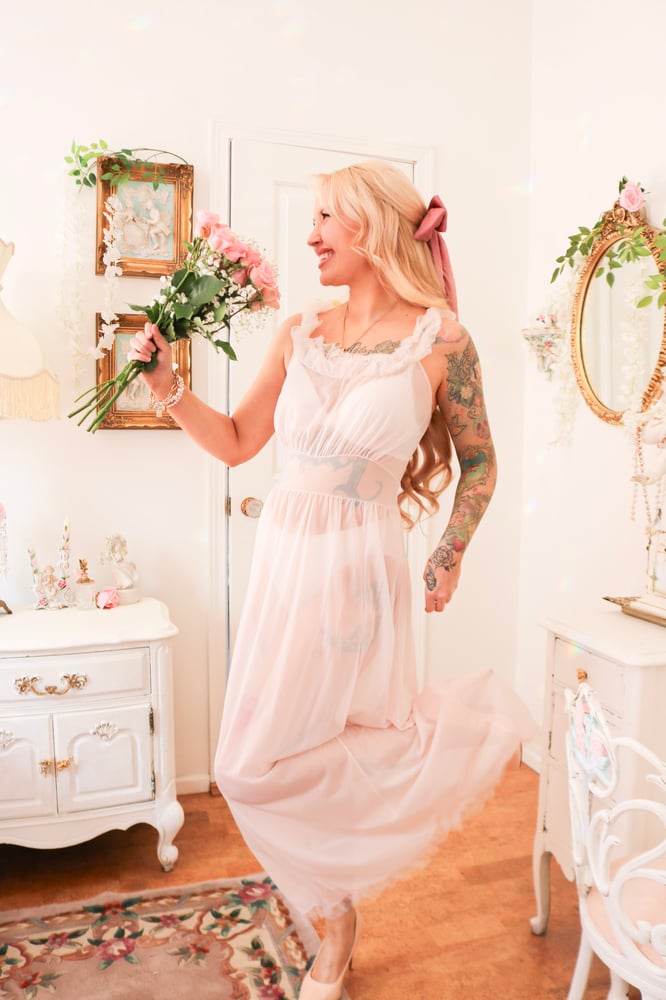 Image of Vintage 1960s Henson Baby Pink See through Nightgown With Ruffle Details (32 - Small)
