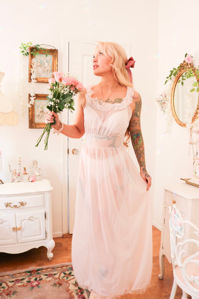 Image of Vintage 1960s Henson Baby Pink See through Nightgown With Ruffle Details (32 - Small)