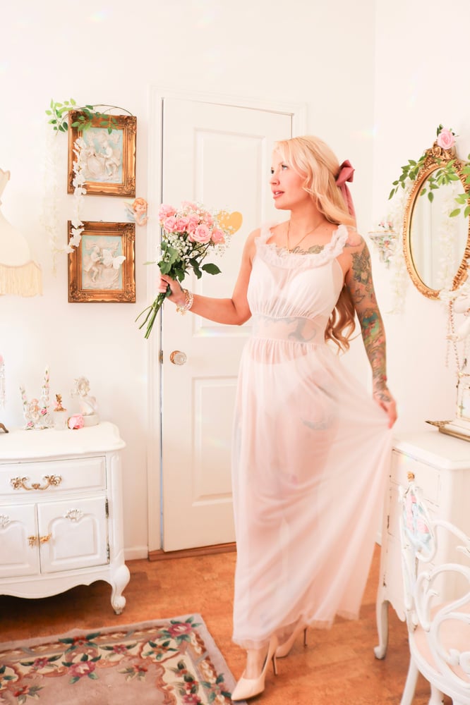 Image of Vintage 1960s Henson Baby Pink See through Nightgown With Ruffle Details (32 - Small)