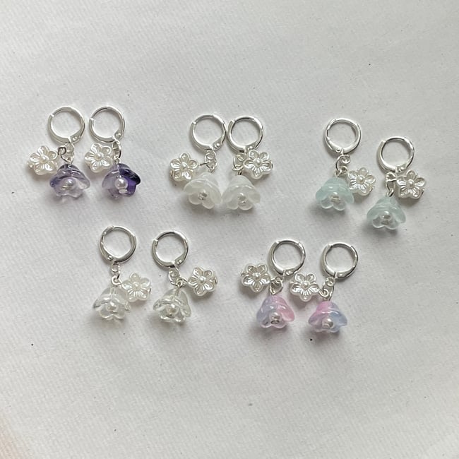 glass double floral huggie hoop earrings