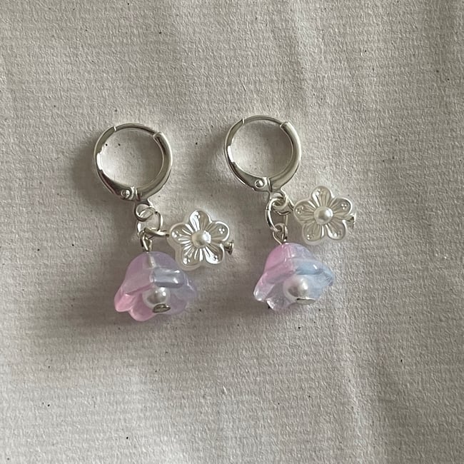 glass double floral huggie hoop earrings