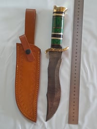 Image 2 of Handmade Damascus Hunting Fixed Knife with Leather Sheath Green Wood and Brass Handle
