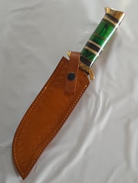 Image 3 of Handmade Damascus Hunting Fixed Knife with Leather Sheath Green Wood and Brass Handle