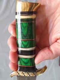 Image 9 of Handmade Damascus Hunting Fixed Knife with Leather Sheath Green Wood and Brass Handle