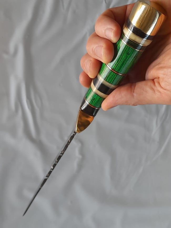 Handmade Damascus Hunting Fixed Knife with Leather Sheath Green Wood and Brass Handle