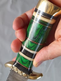 Image 4 of Handmade Damascus Hunting Fixed Knife with Leather Sheath Green Wood and Brass Handle
