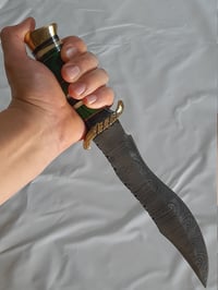Image 6 of Handmade Damascus Hunting Fixed Knife with Leather Sheath Green Wood and Brass Handle