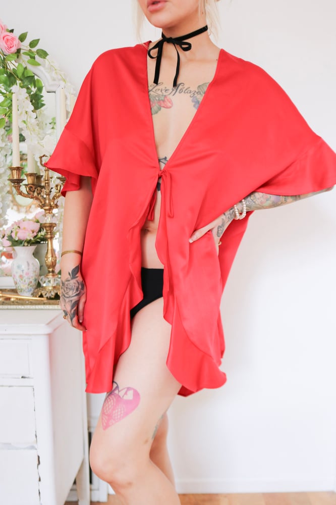 Image of Modern Victorias Secret Front Tie Red Robe With Heart Graphics (One Size)