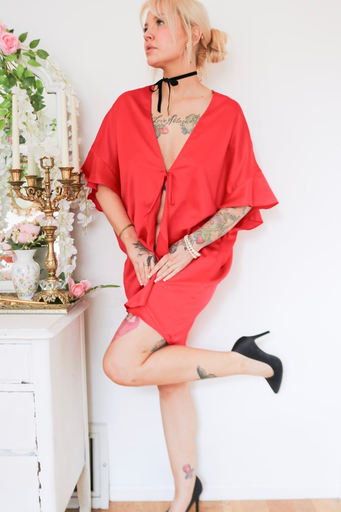 Image of Modern Victorias Secret Front Tie Red Robe With Heart Graphics (One Size)