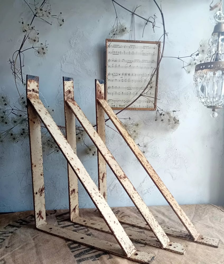 Image of 3 Vintage Industrial Painted Steel Shelf Bracket Supports Original Chippy Paint
