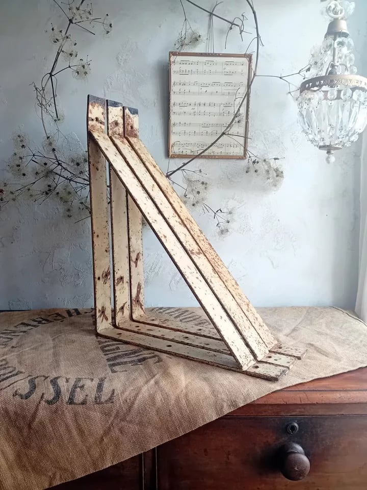 Image of 3 Vintage Industrial Painted Steel Shelf Bracket Supports Original Chippy Paint