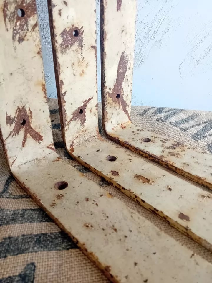 Image of 3 Vintage Industrial Painted Steel Shelf Bracket Supports Original Chippy Paint