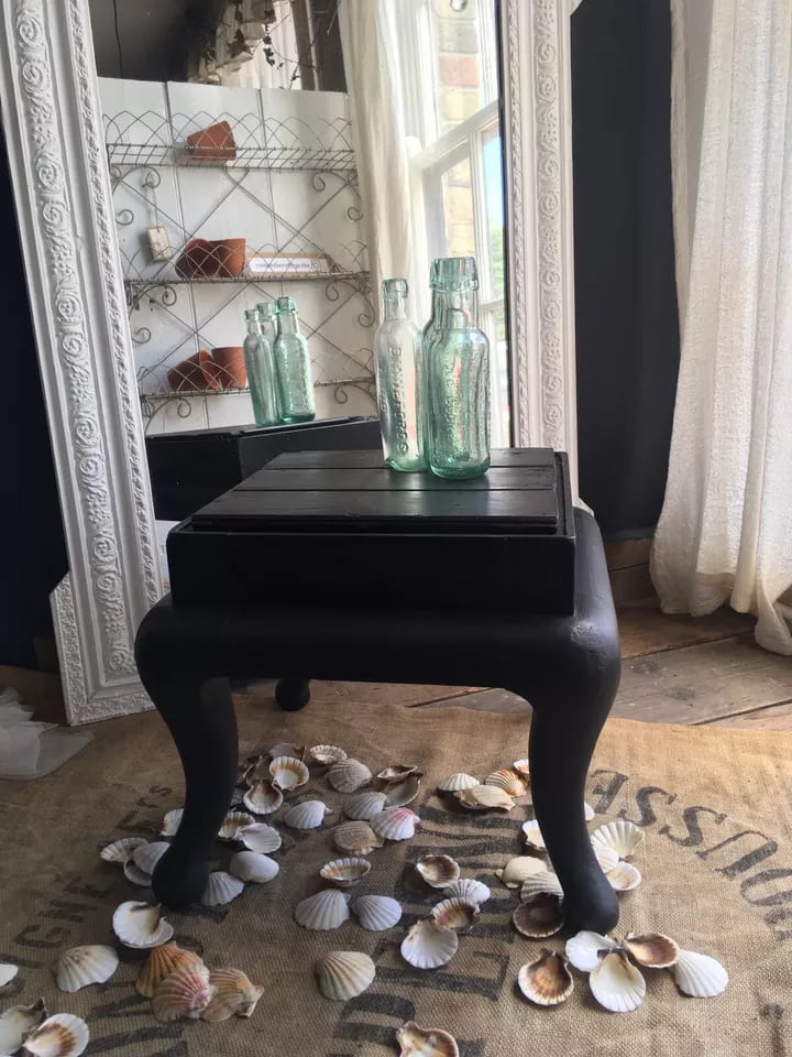 Image of Rustic Vintage Stool Footstool Low Table Painted Dark Grey Rustic Country House
